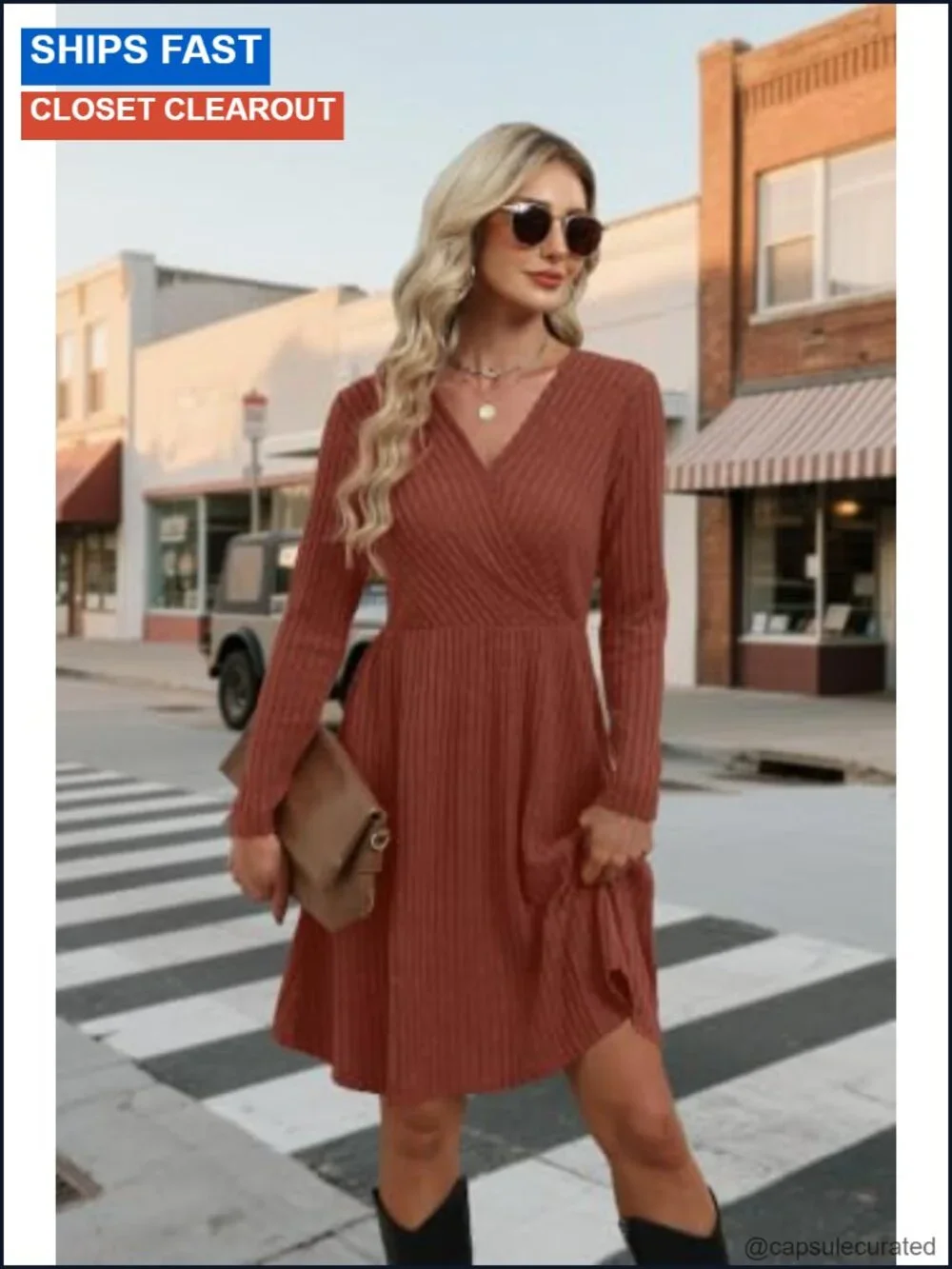 Womens Long Sleeve Wrap Sweater Dress Ribbed Knit V Neck with Pockets